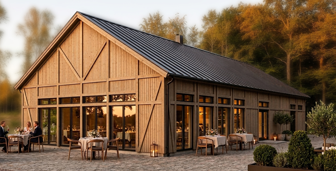 Restaurang i trä. Modern byggnad med inspiration av traditionell bygge