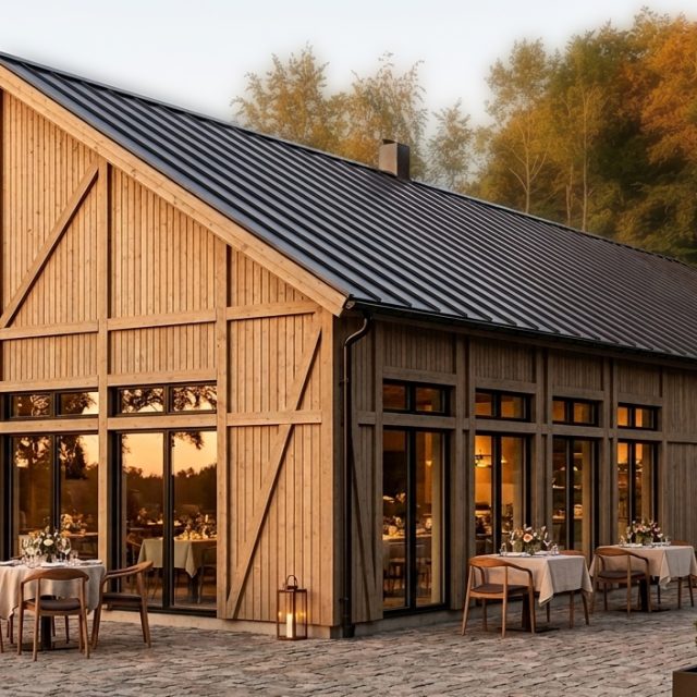 Restaurang i trä. Modern byggnad med inspiration av traditionell bygge